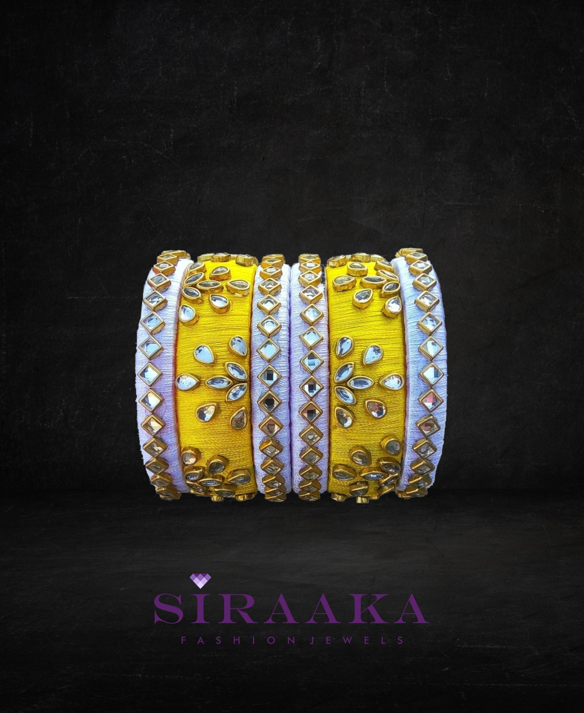 Yellow White Kundan Silk Thread Bangles