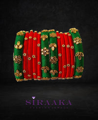 RED GREEN KUNDAN SILK THREAD BANGLES