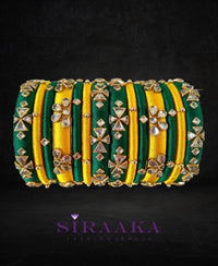 GREEN YELLOW KUNDAN SILK THREAD BANGLES