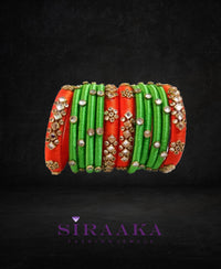 ORANGE GREEN KUNDAN SILK THREAD BANGLES