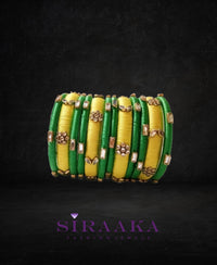 YELLOW GREEN KUNDAN SILK THREAD BANGLES